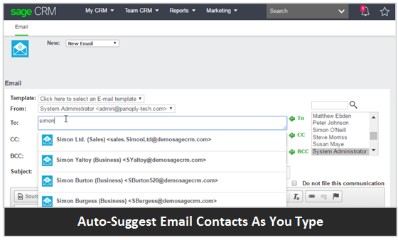 Sage CRM Auto Suggest Email Contacts